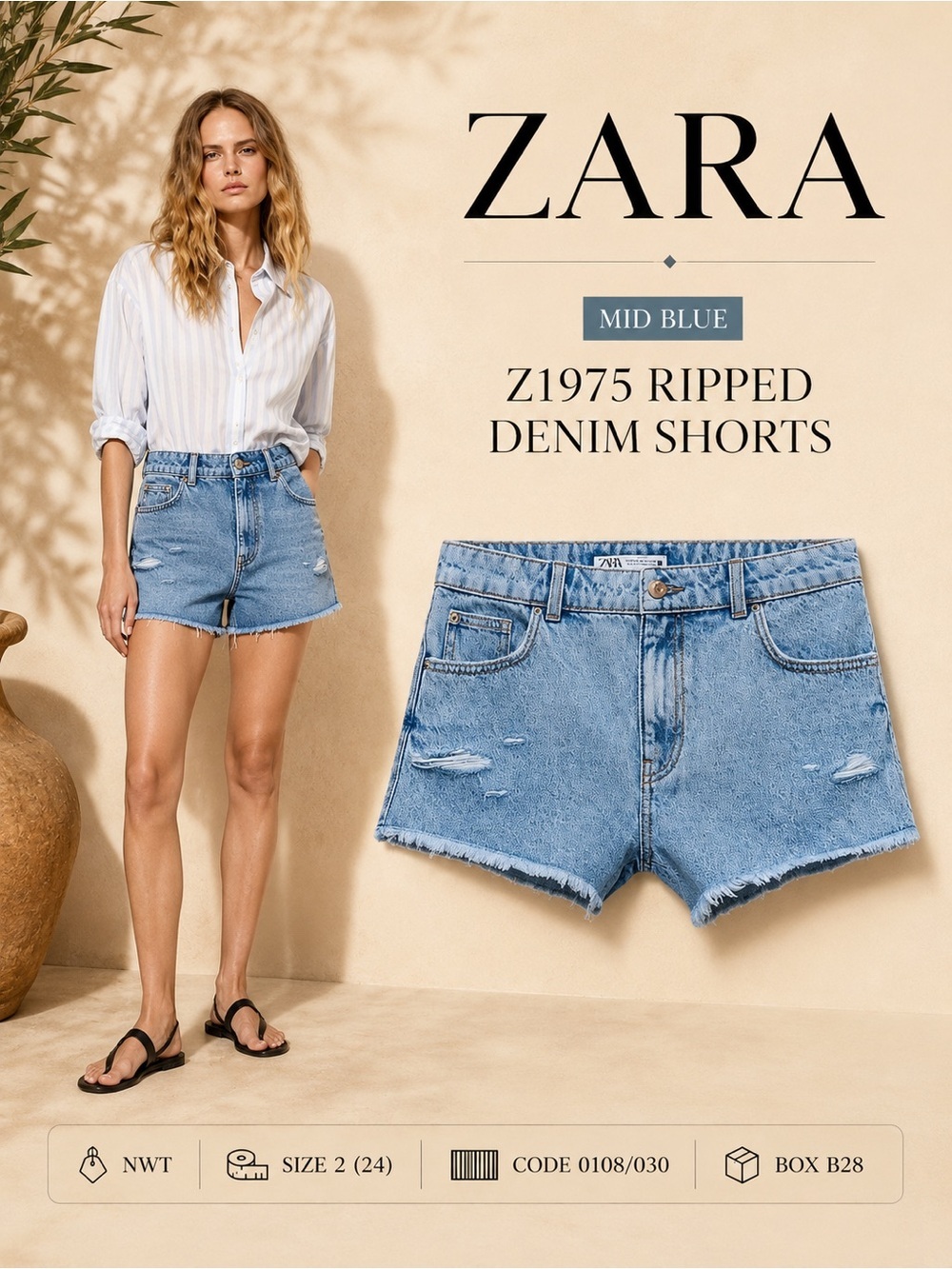 ZARA Z1975 Mid Blue Ripped Denim Shorts NWT Size 2 / 24